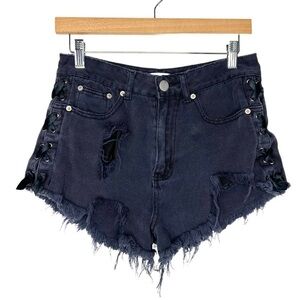 Super Down Lace Up Distressed Denim Shorts Sz 29 Black Gray Wash Cheeky Cutoffs